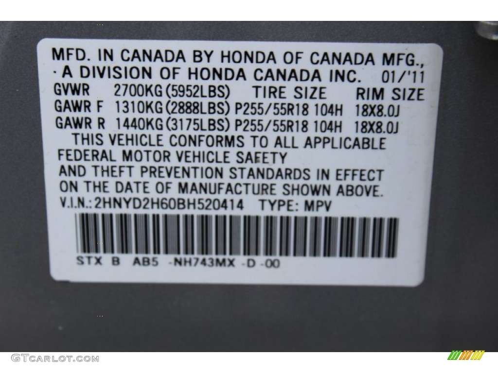 2011 MDX Color Code NH743MX for Palladium Metallic Photo #60388402