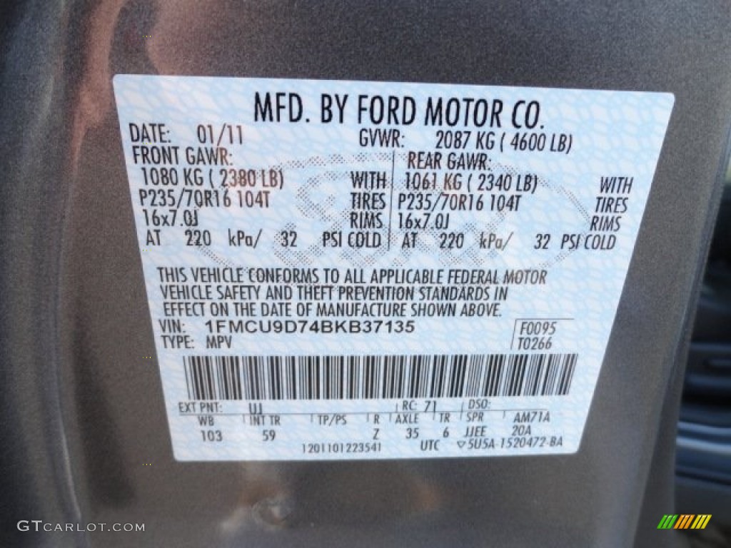 2011 Ford Escape XLT 4WD Color Code Photos