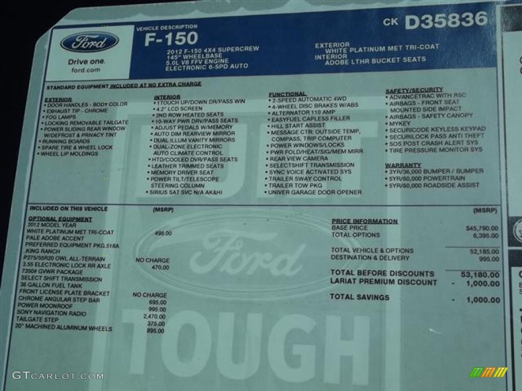 2012 Ford F150 King Ranch SuperCrew 4x4 Window Sticker Photo #60398882