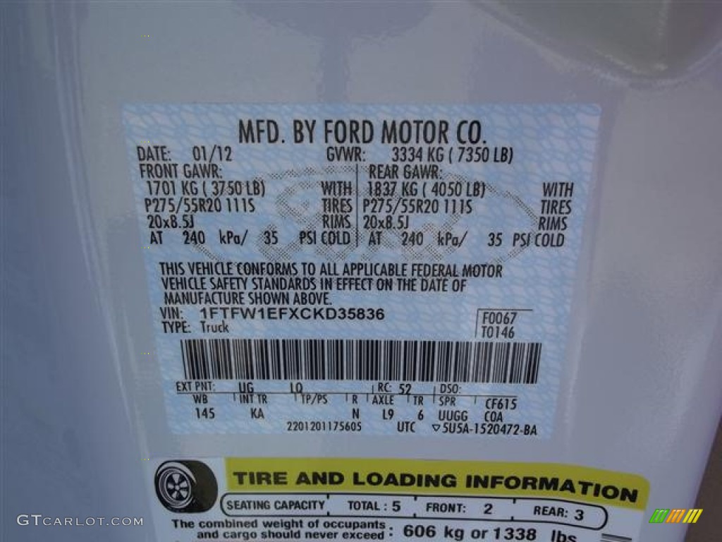 2012 F150 Color Code UG for White Platinum Metallic Tri-Coat Photo #60398891