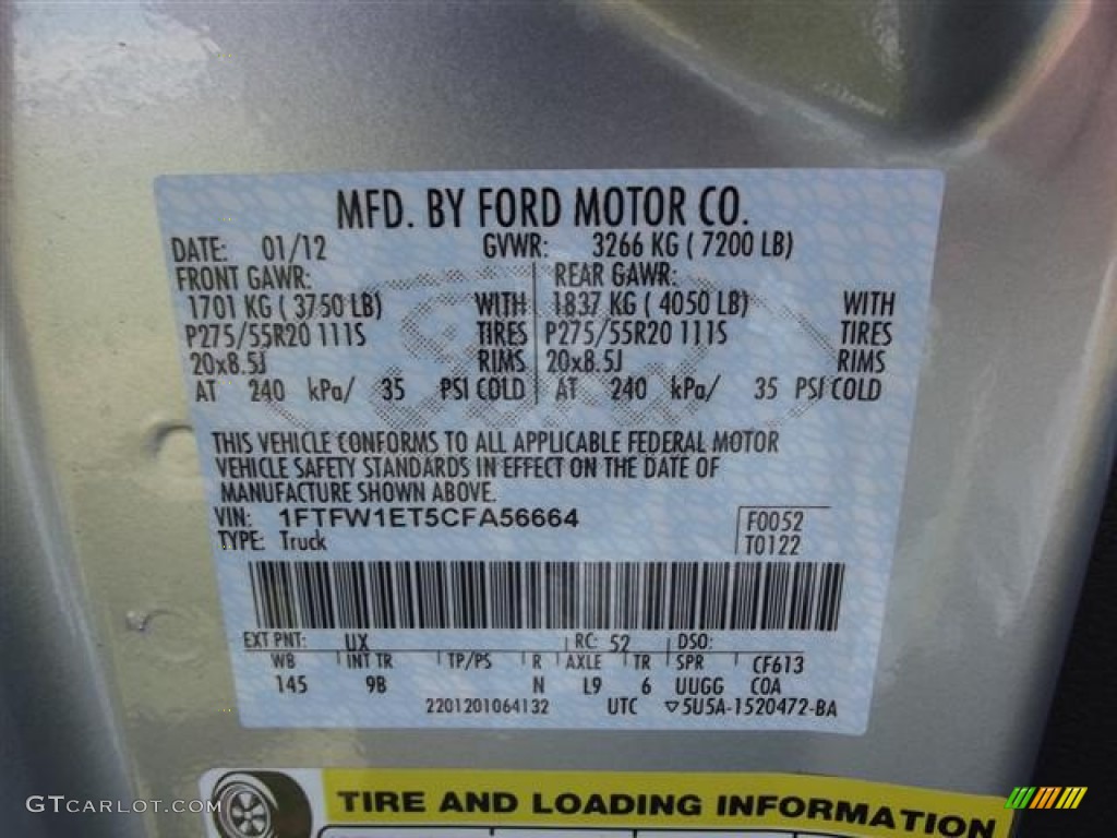2012 F150 Color Code UX for Ingot Silver Metallic Photo #60400856