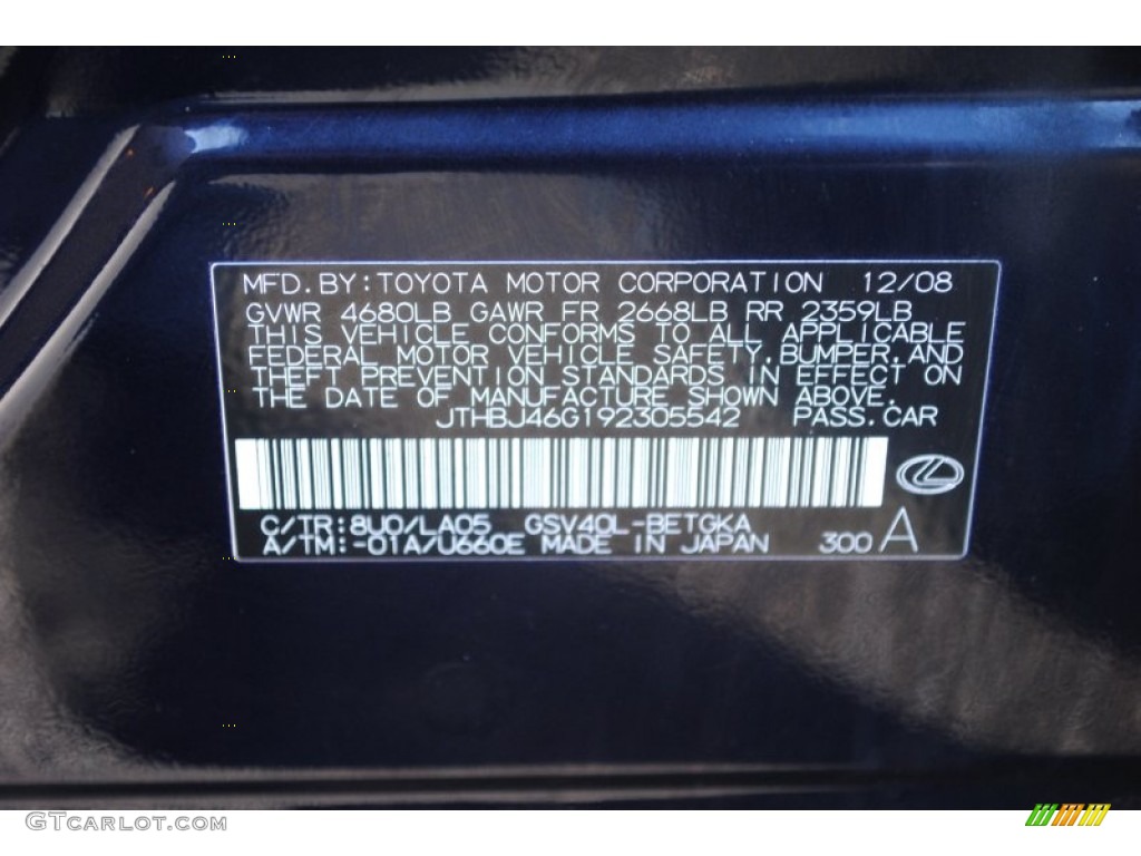 2009 ES Color Code 8U0 for Black Sapphire Pearl Photo #60402425