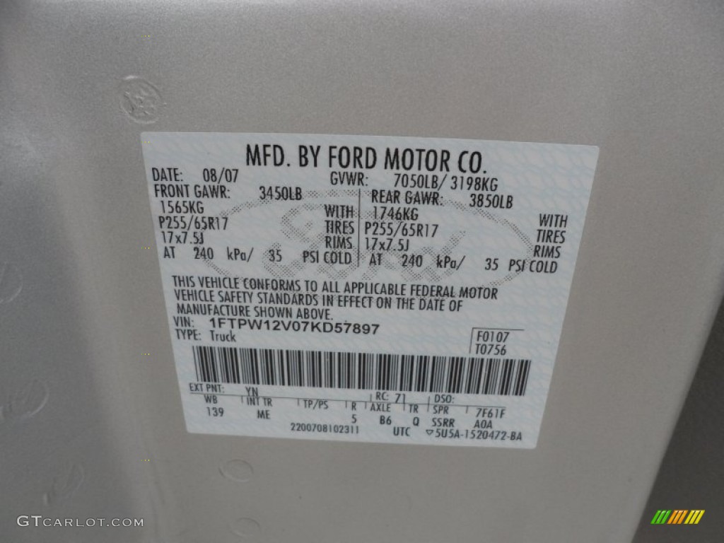 2007 F150 Color Code YN for Silver Metallic Photo #60405185