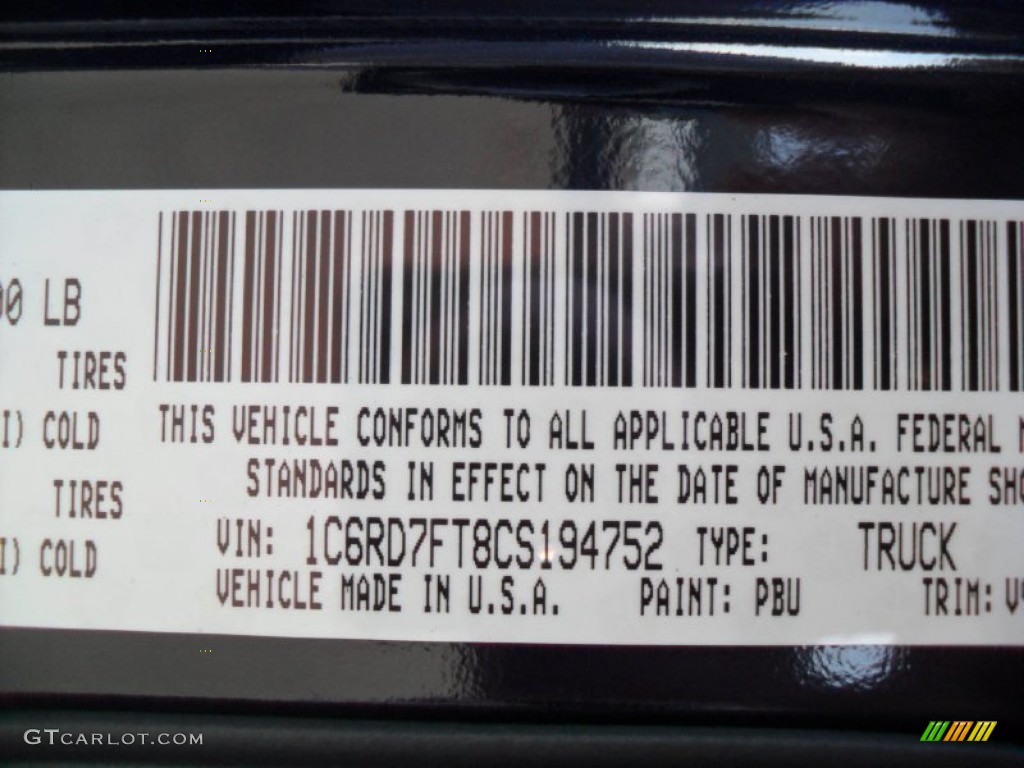 2012 Ram 1500 Color Code PBU for True Blue Pearl Photo #60428309