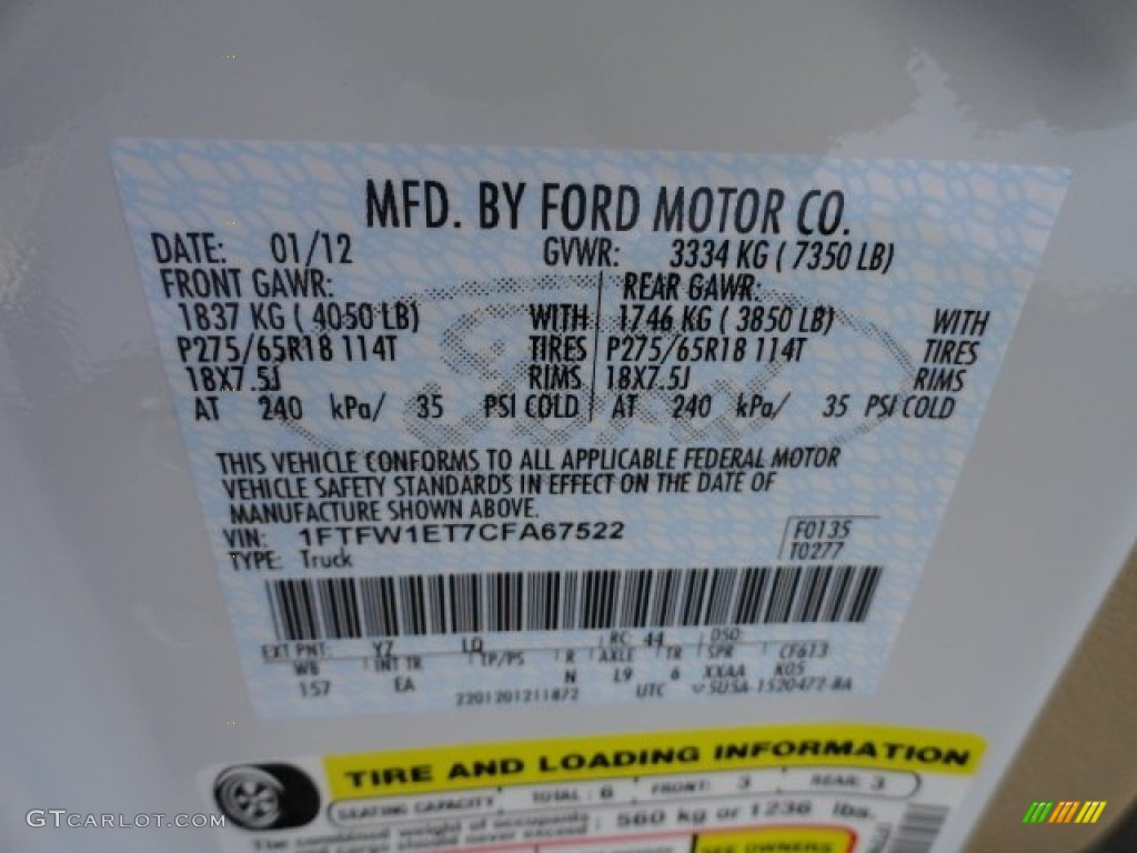 2012 F150 Color Code YZ for Oxford White Photo #60434585