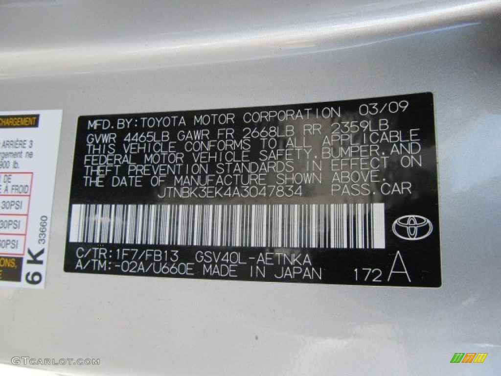 2010 Camry Color Code 1F7 for Classic Silver Metallic Photo #60437909