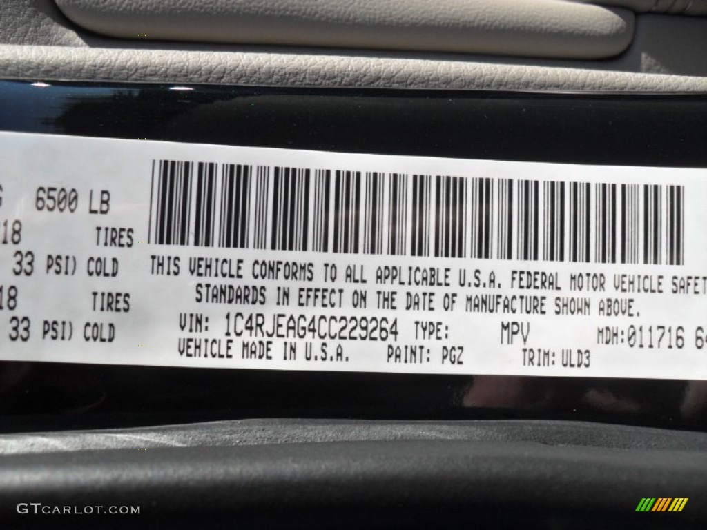 2012 Grand Cherokee Color Code PGZ for Black Forest Green Pearl Photo #60438975