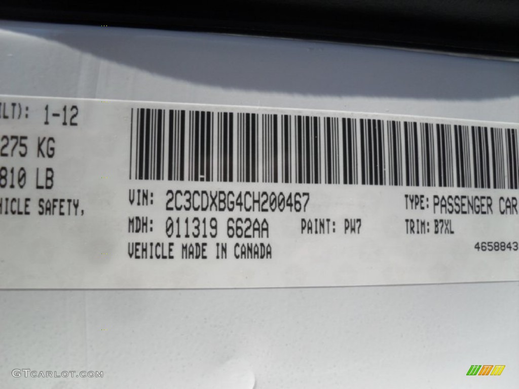 2012 Charger Color Code PW7 for Bright White Photo #60439442