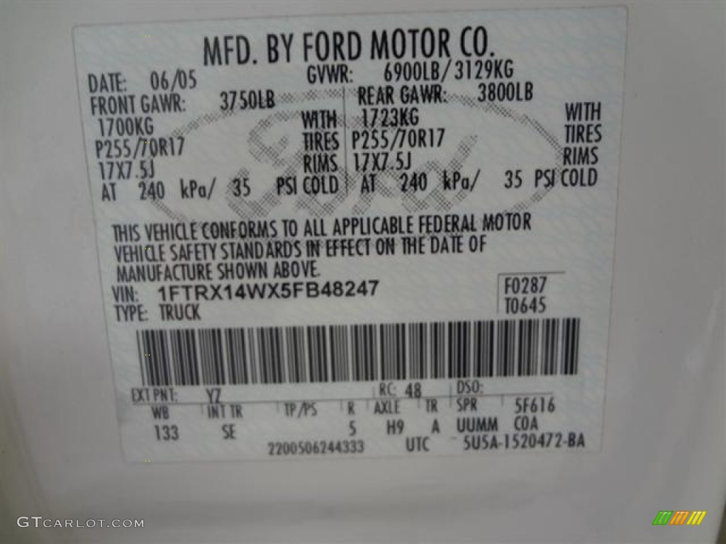 2005 F150 Color Code YZ for Oxford White Photo #60461913