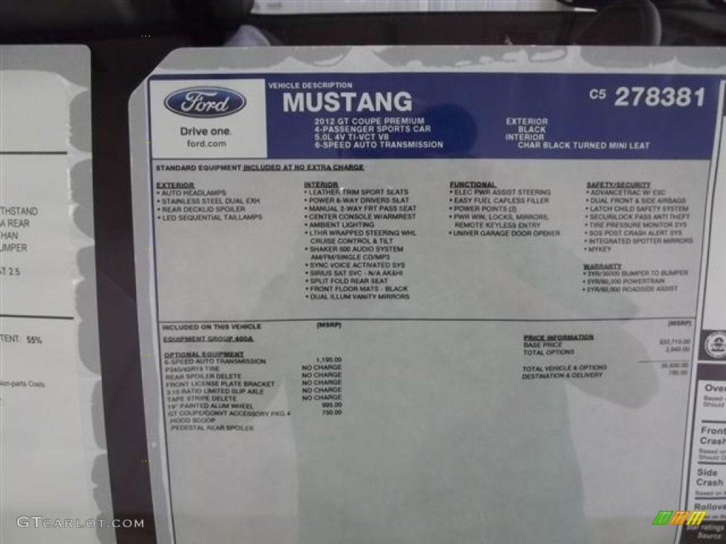 2012 Ford Mustang GT Premium Coupe Window Sticker Photo #60464991