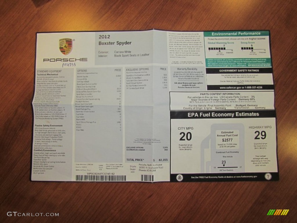 2012 Porsche Boxster Spyder Window Sticker Photo #60468820
