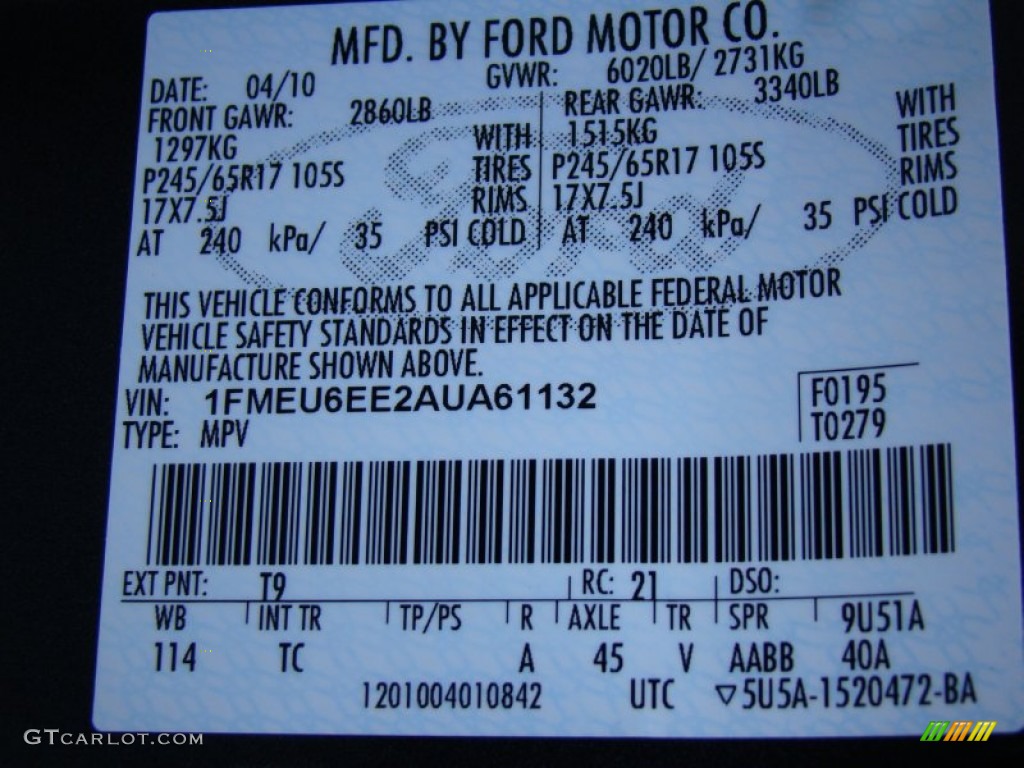 2010 Explorer Color Code T9 for Black Pearl Slate Metallic Photo #60474851
