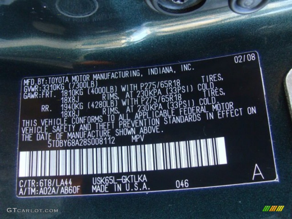 2008 Sequoia Color Code 6T8 for Timberland Green Mica Photo #60481748