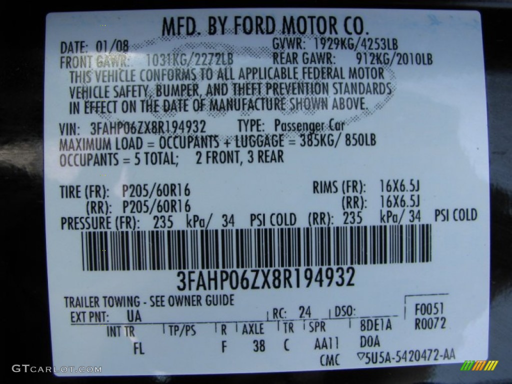 2008 Ford Fusion S Color Code Photos