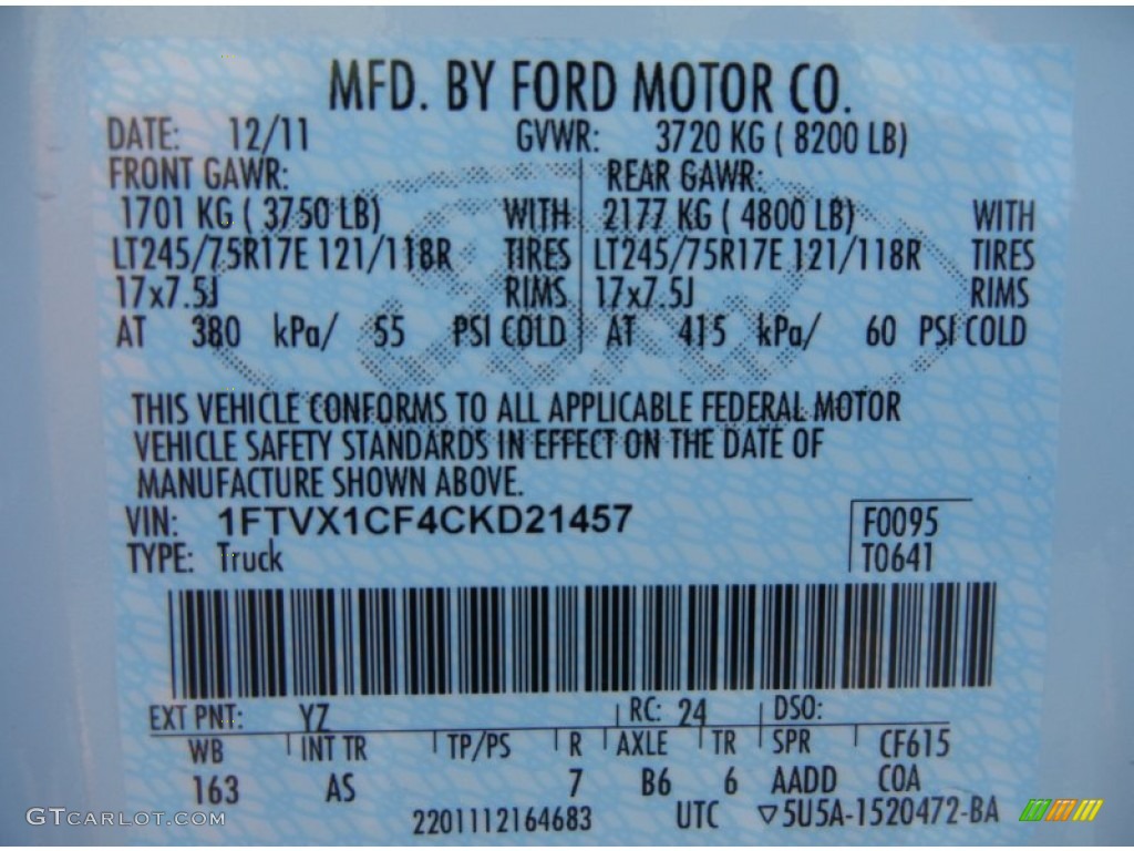 2012 Ford F150 XL SuperCab Color Code Photos