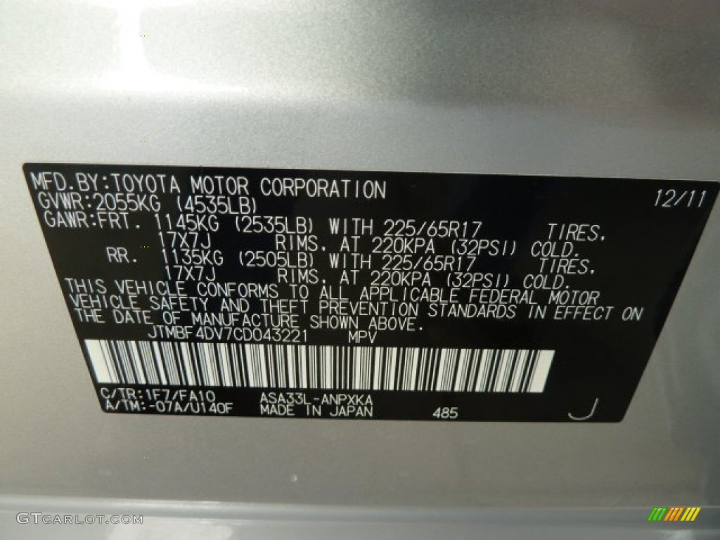 2012 RAV4 Color Code 1F7 for Classic Silver Metallic Photo #60522150