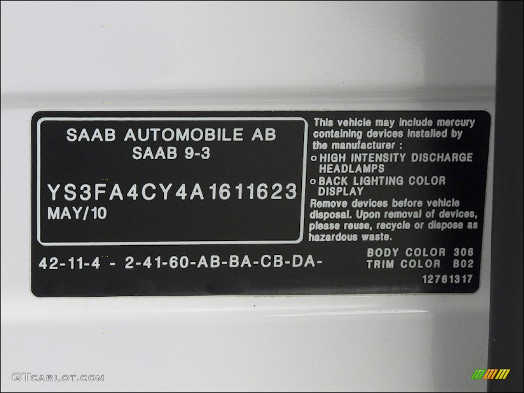 2010 Saab 9-3 2.0T Sport Sedan Color Code Photos