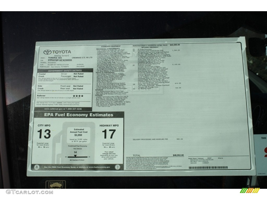 2012 Toyota Tundra Platinum CrewMax 4x4 Window Sticker Photo #60575164