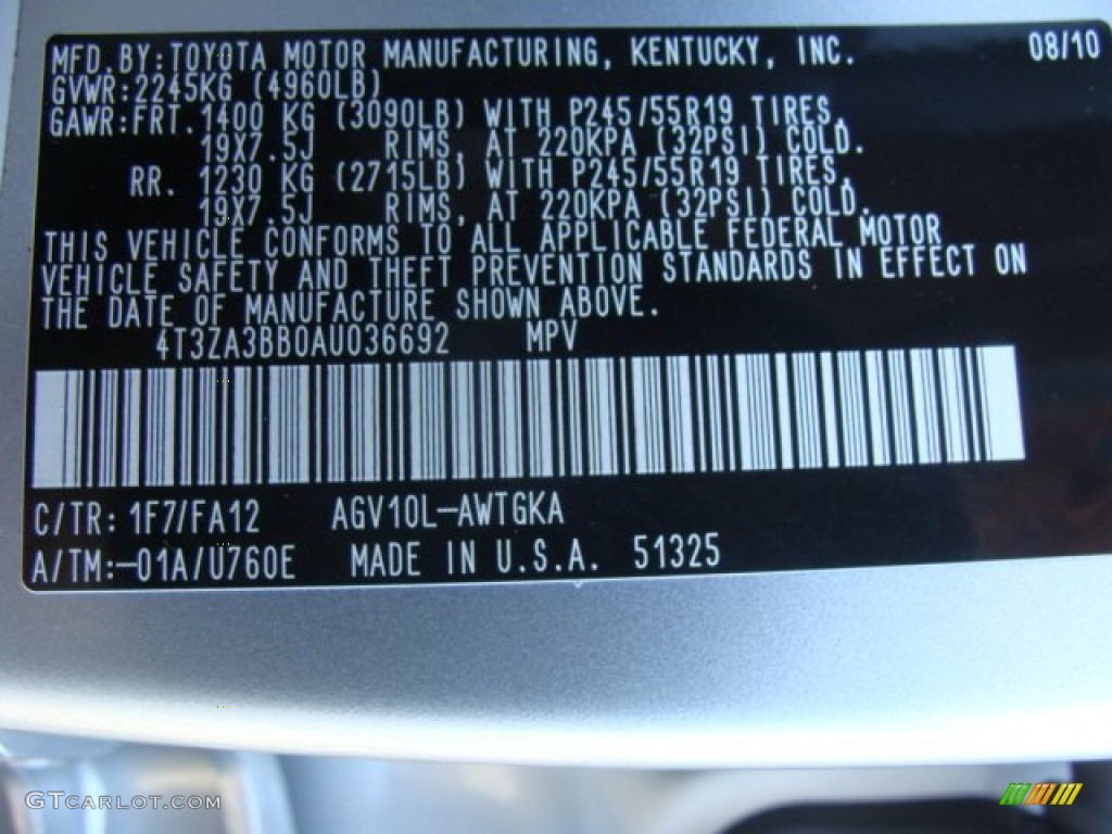 2010 Venza Color Code 1F7 for Classic Silver Metallic Photo #60577378