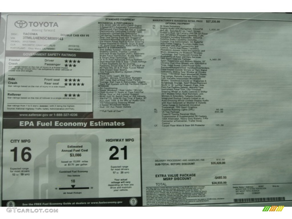 2012 Toyota Tacoma V6 TRD Sport Double Cab 4x4 Window Sticker Photos