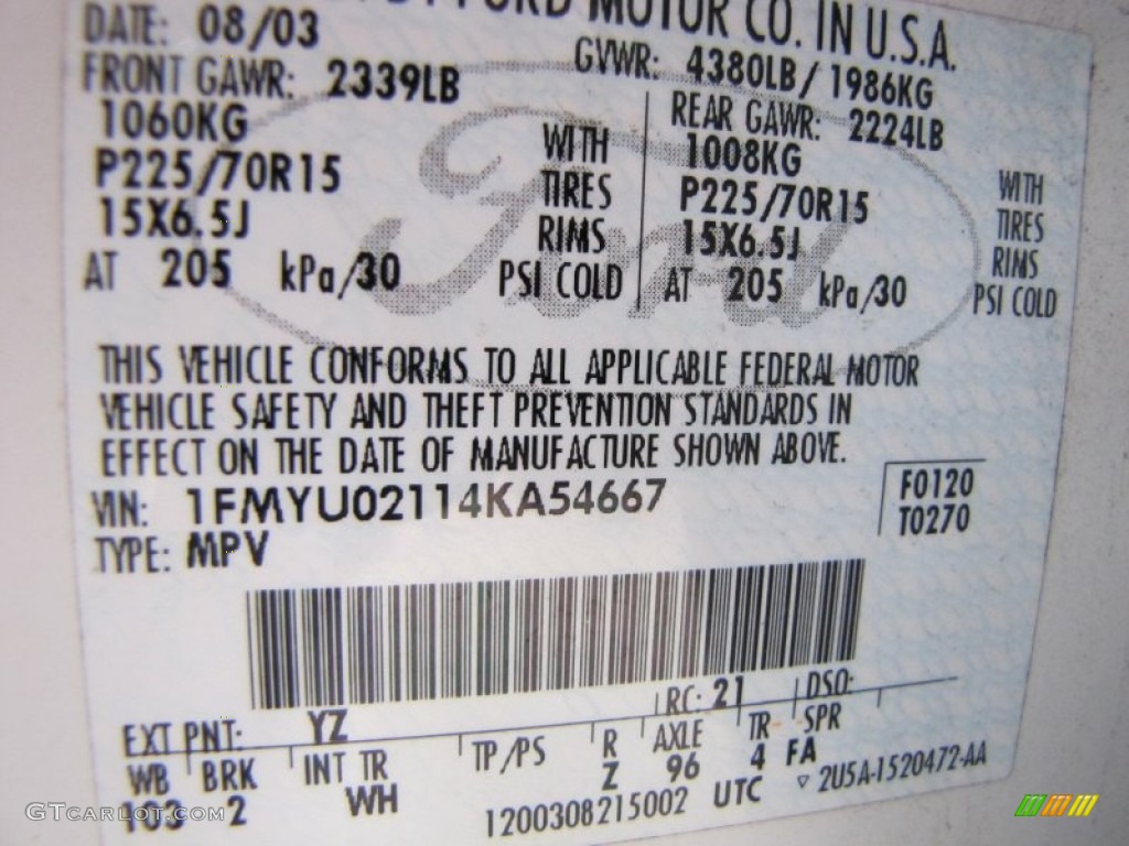 2004 Ford Escape XLS V6 Color Code Photos