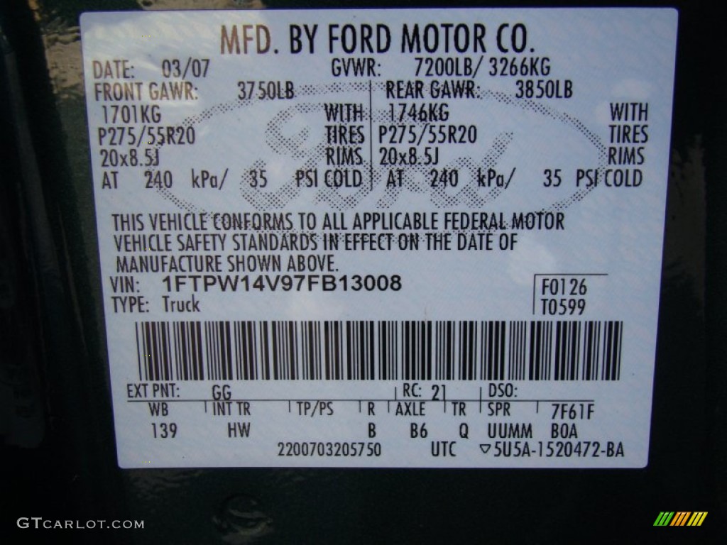 2007 F150 Color Code GG for Forest Green Metallic Photo #60612914