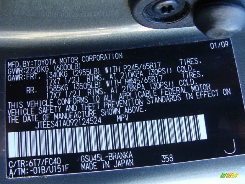 2009 Toyota Highlander V6 4WD Color Code Photos