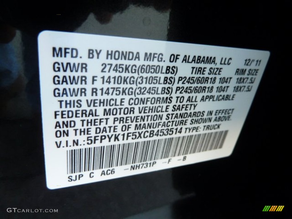 2012 Ridgeline Color Code NH731P for Crystal Black Pearl Photo #60621422