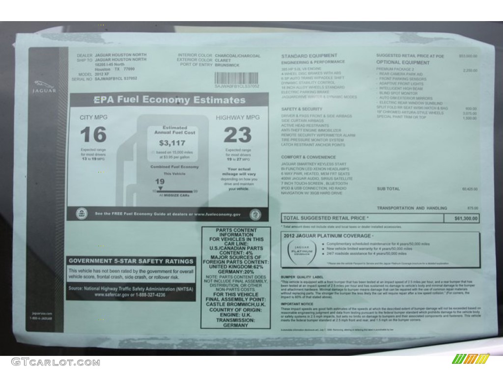 2012 Jaguar XF Standard XF Model Window Sticker Photo #60625515