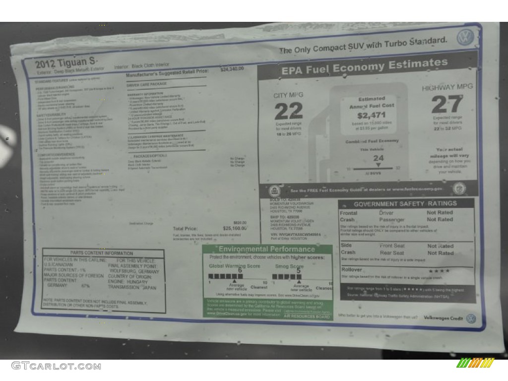 2012 Tiguan S - Deep Black Metallic / Black photo #27