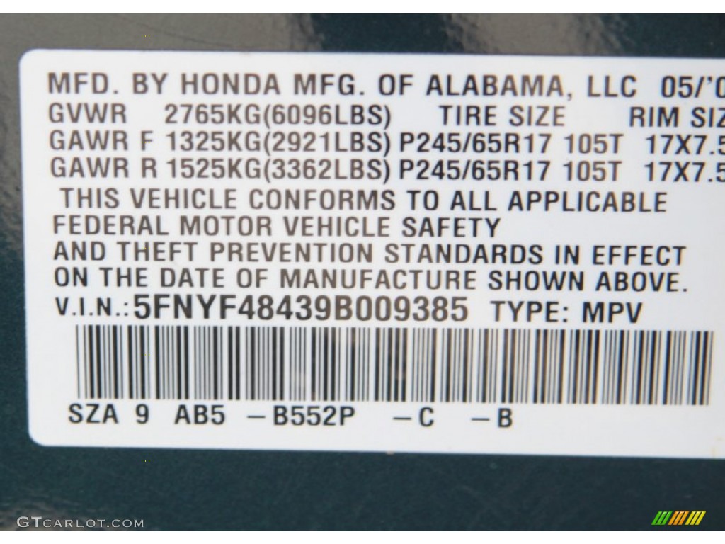 2009 Pilot Color Code B552P for Bali Blue Pearl Photo #60633844
