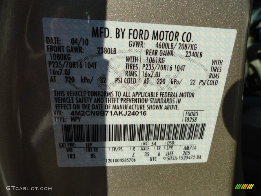 2010 Mercury Mariner I4 4WD Color Code Photos