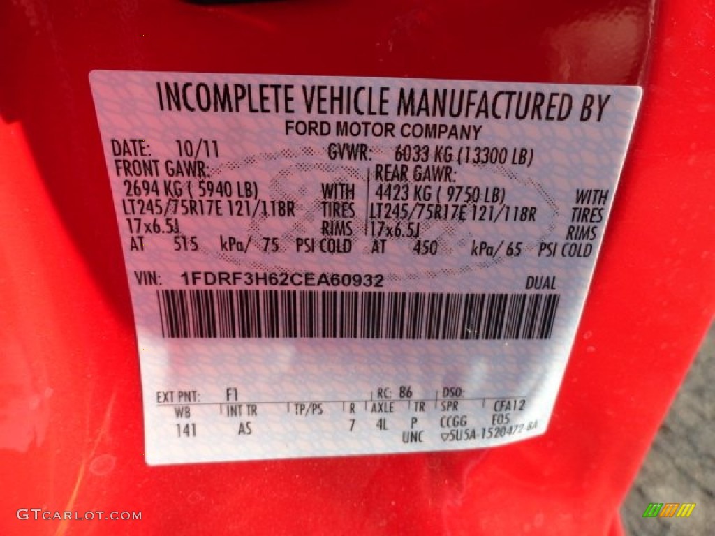 2012 F350 Super Duty Color Code F1 for Vermillion Red Photo #60648880