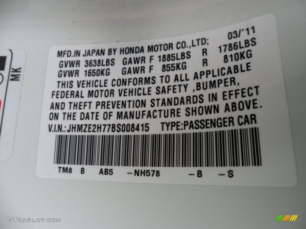 2011 Insight Color Code NH578 for Taffeta White Photo #60650702