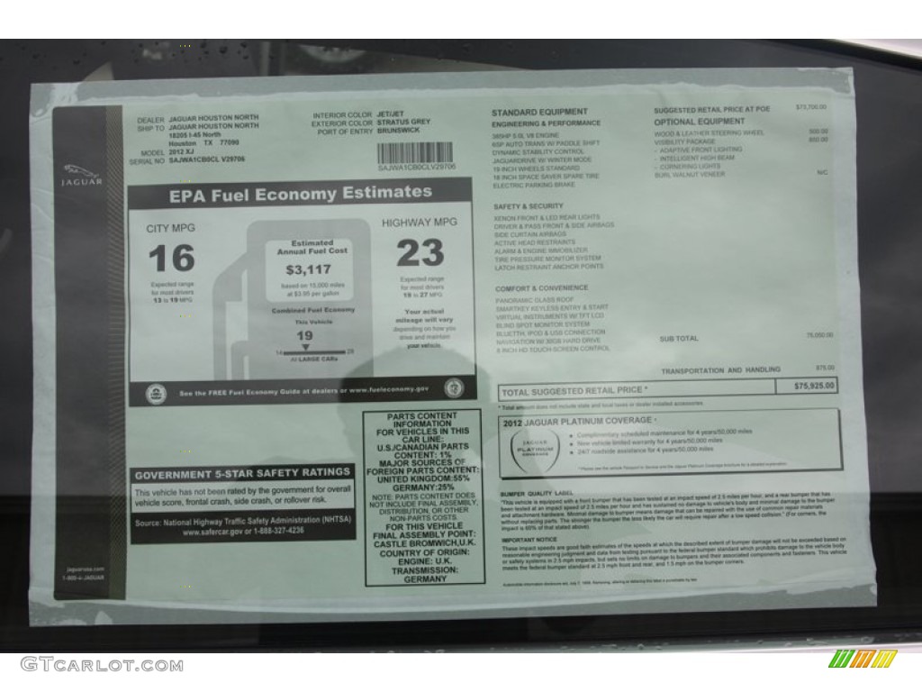 2012 Jaguar XJ XJ Window Sticker Photo #60654062