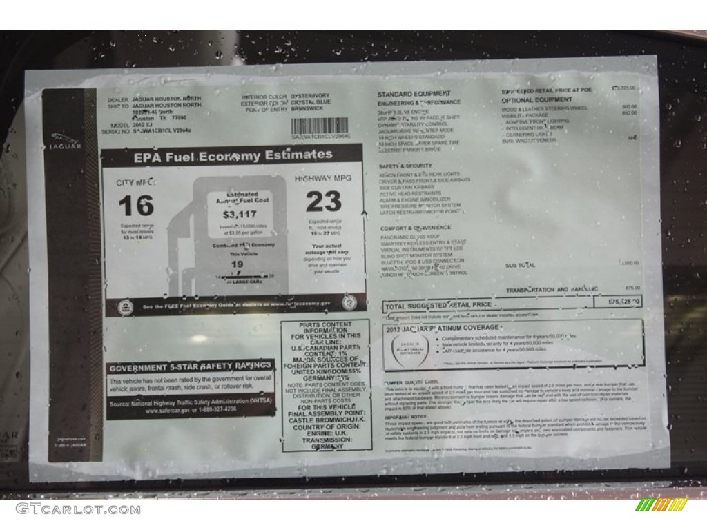2012 Jaguar XJ XJ Window Sticker Photo #60654323