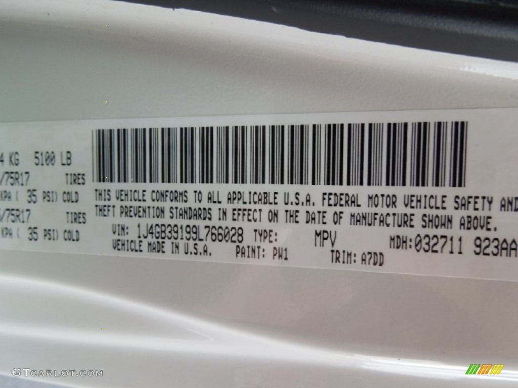 2009 Wrangler Unlimited Color Code PW1 for Stone White Photo #60661609