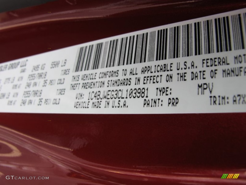 2012 Wrangler Unlimited Color Code PRP for Deep Cherry Red Crystal Pearl Photo #60668417