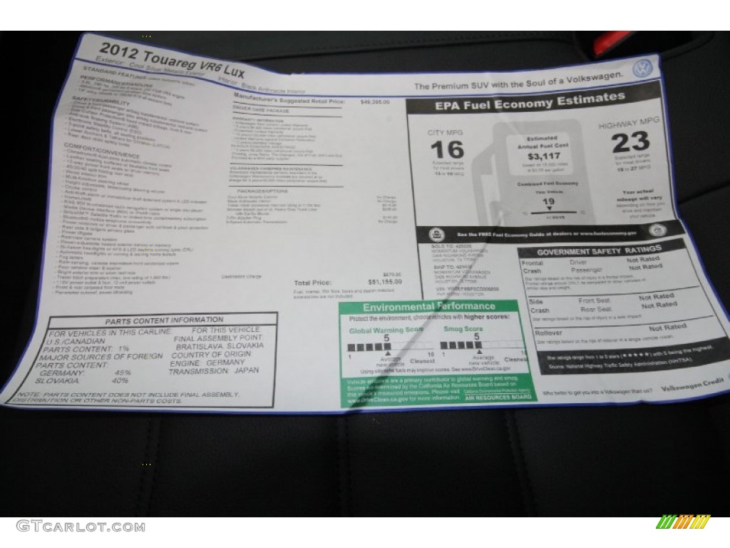 2012 Volkswagen Touareg VR6 FSI Lux 4XMotion Window Sticker Photo #60668582