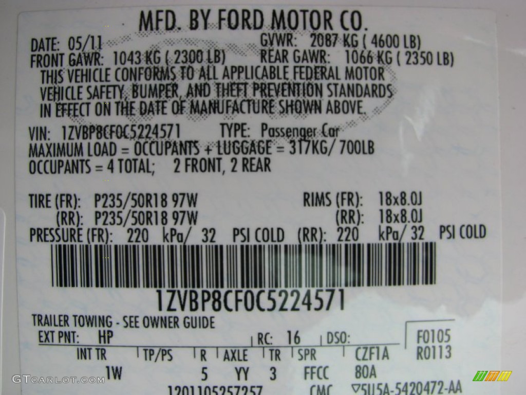 2012 Mustang Color Code HP for Performance White Photo #60676223