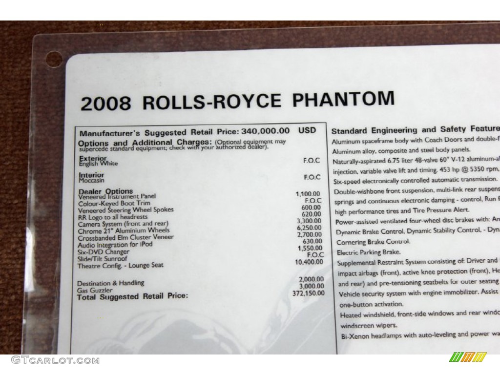 2008 Rolls-Royce Phantom Drophead Coupe Standard Phantom Drophead Coupe Model Window Sticker Photo #60691250