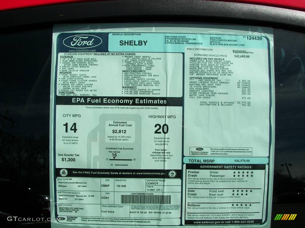 2009 Ford Mustang Shelby GT500 Coupe Window Sticker Photo #6069920