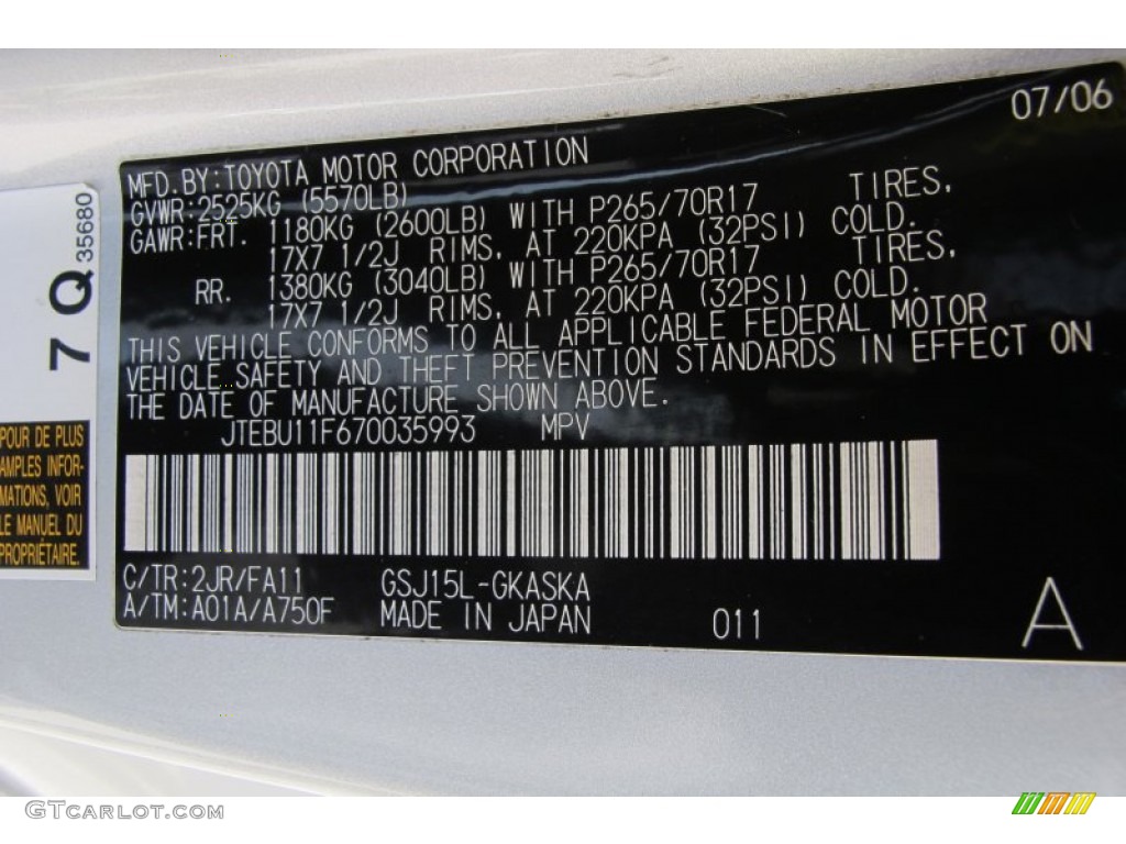 2007 FJ Cruiser Color Code 2JR for Titanium Metallic Photo #60701416