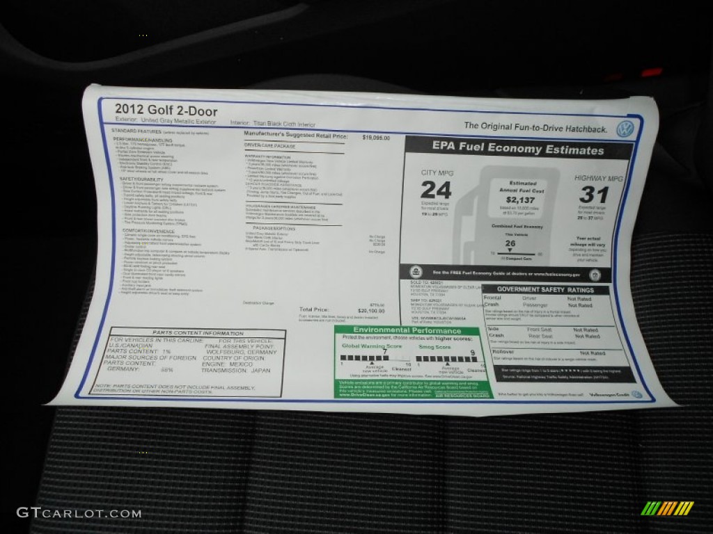 2012 Volkswagen Golf 2 Door Window Sticker Photo #60714618