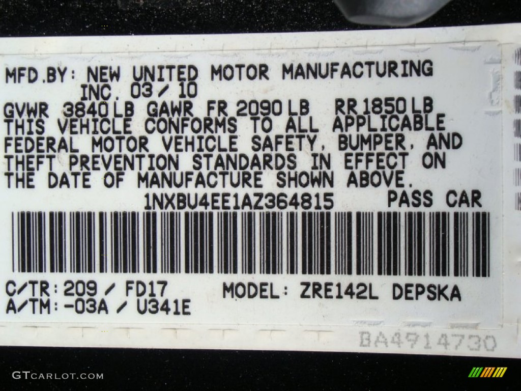209 2010 Toyota Corolla S Parts