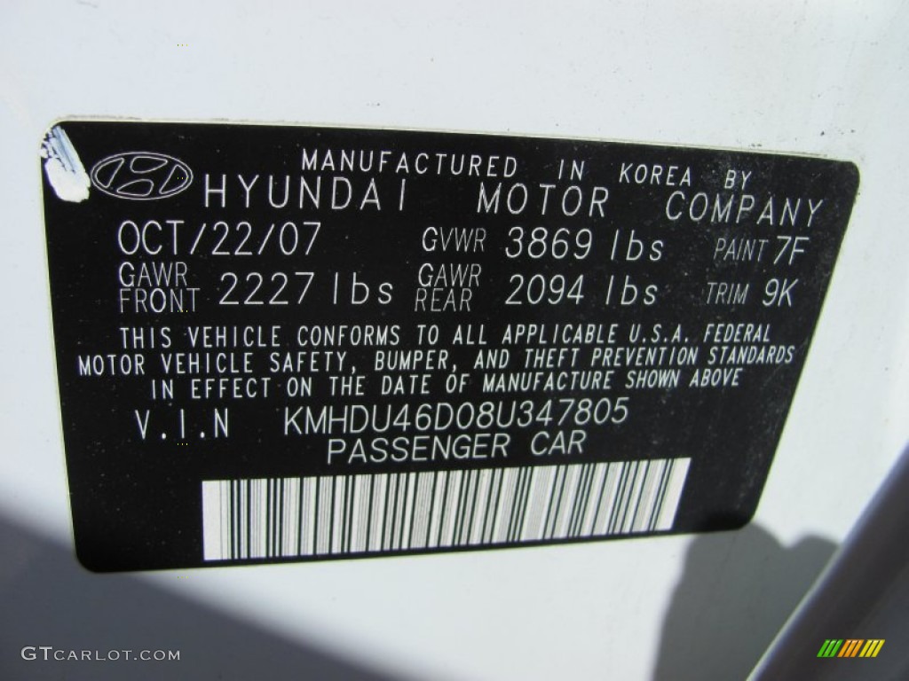 2008 Elantra Color Code 7F for Captiva White Photo #60735991