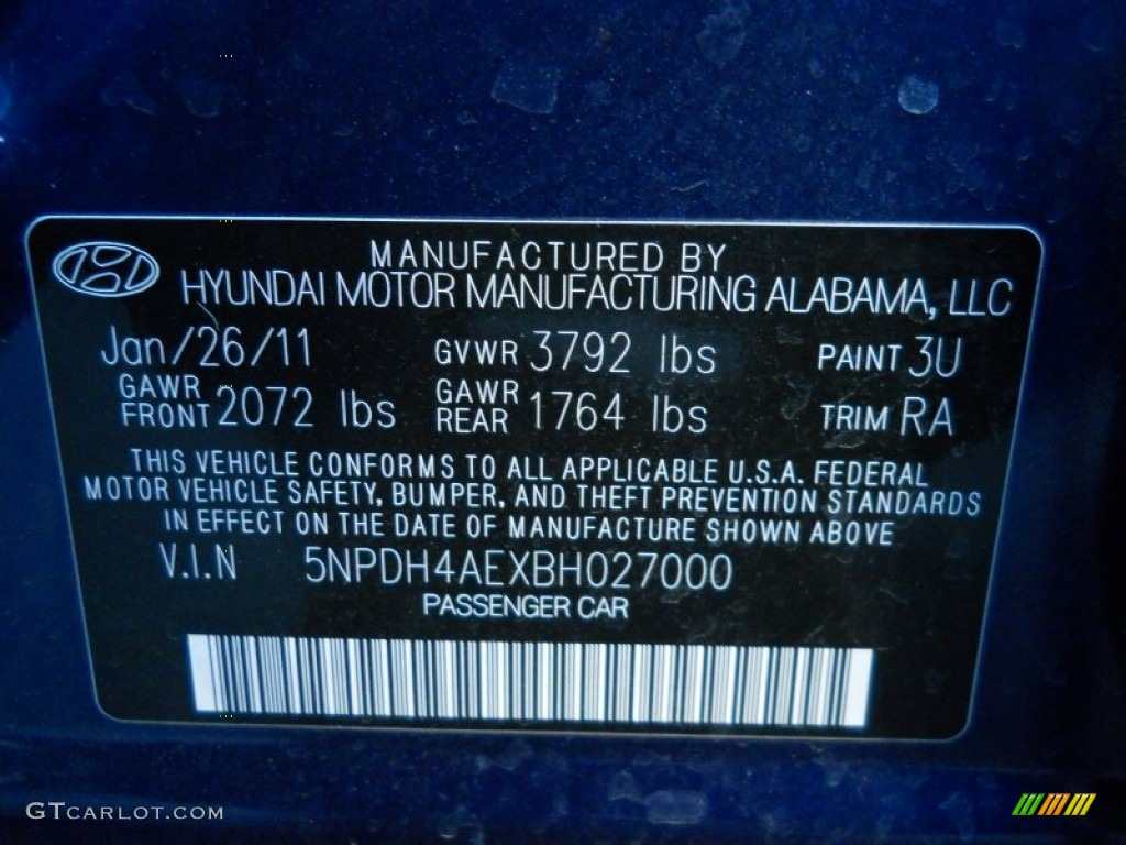 2011 Elantra Color Code 3U for Indigo Blue Pearl Photo #60736336