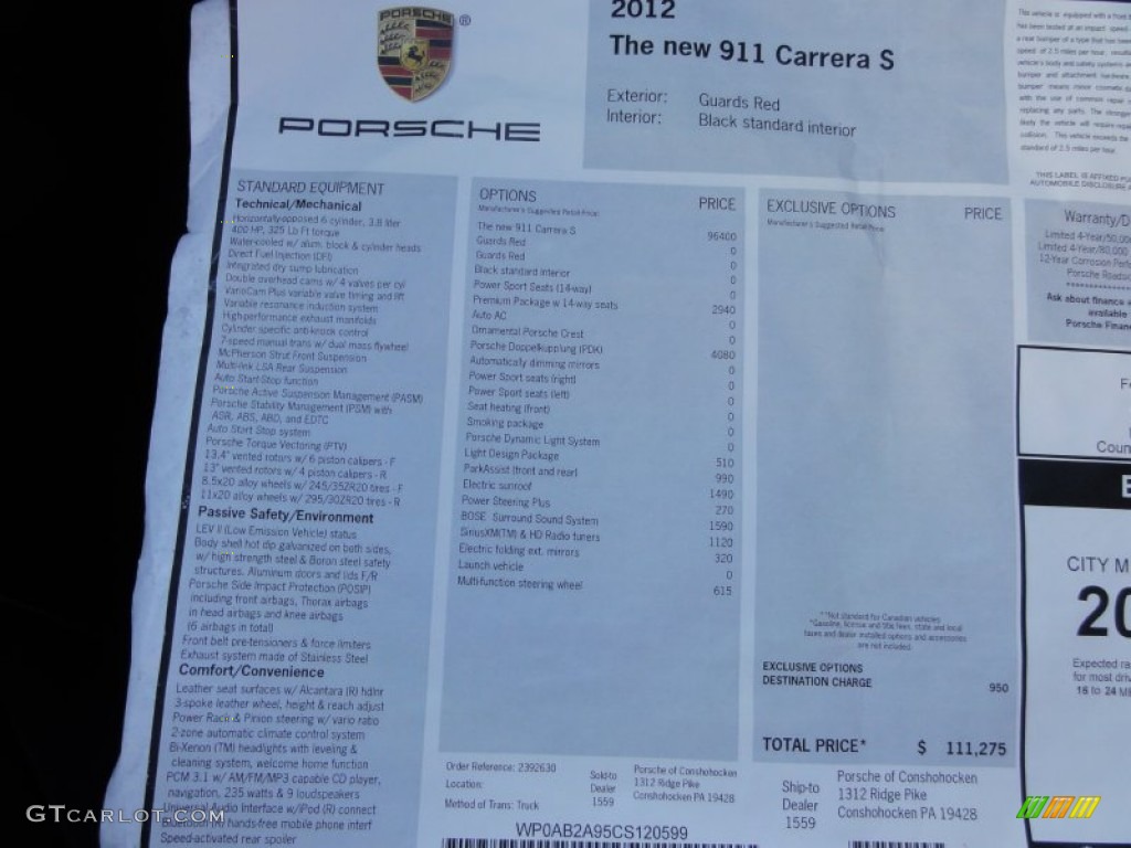 2012 Porsche New 911 Carrera S Coupe Window Sticker Photo #60737827