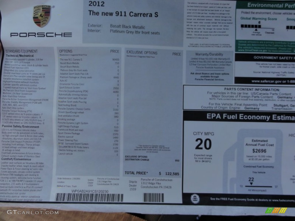 2012 Porsche New 911 Carrera S Coupe Window Sticker Photo #60738148