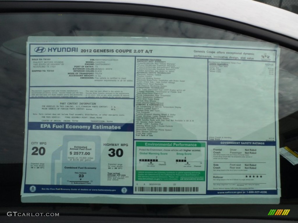 2012 Hyundai Genesis Coupe 2.0T Window Sticker Photo #60748388